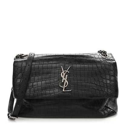 Saint Laurent Calfskin Crocodile Embossed Medium West Hollywood Monogram Fold-Over Black 1 of 23