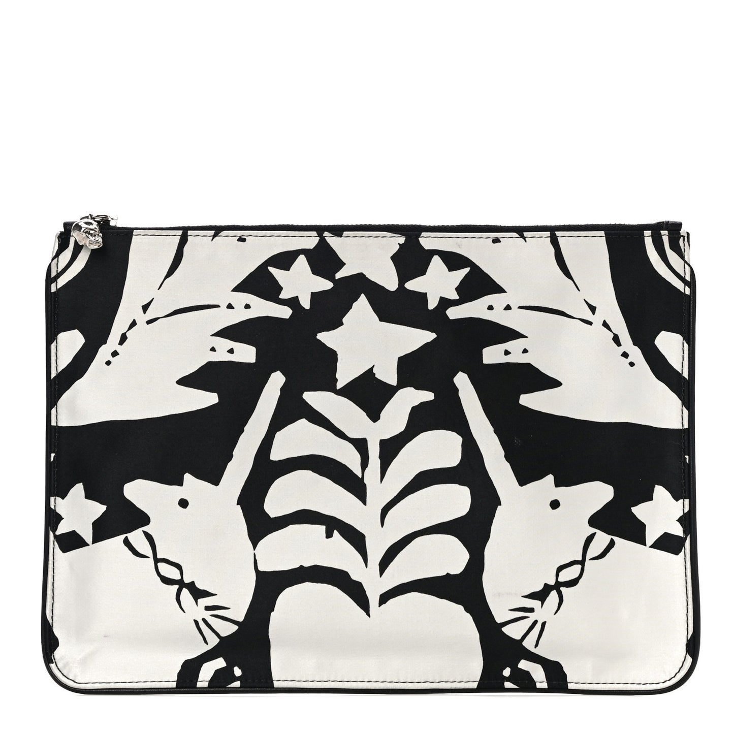 Silk Unicorn Print Skull Zip Pouch Black White