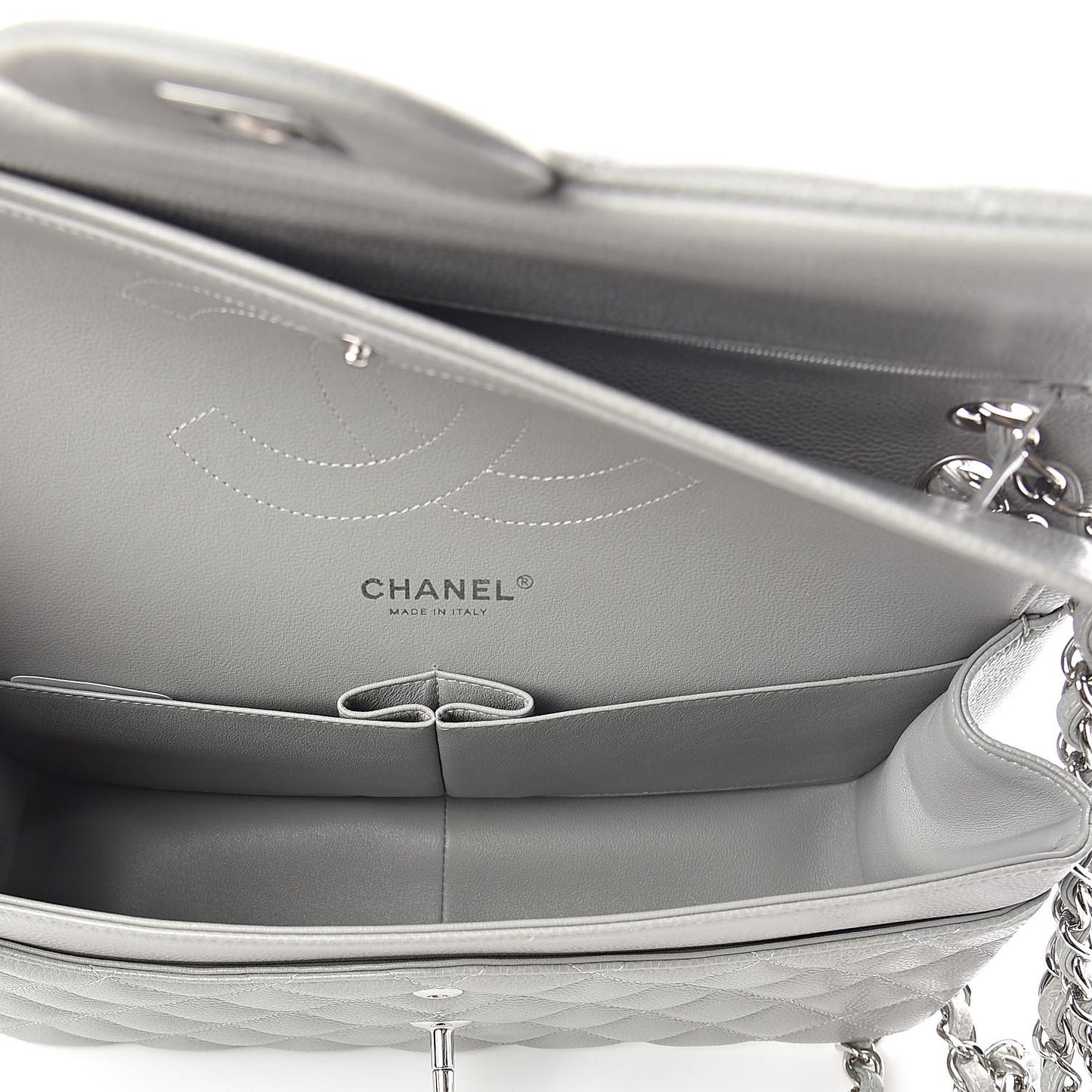 Caviar Quilted Jumbo Double Flap Light Grey