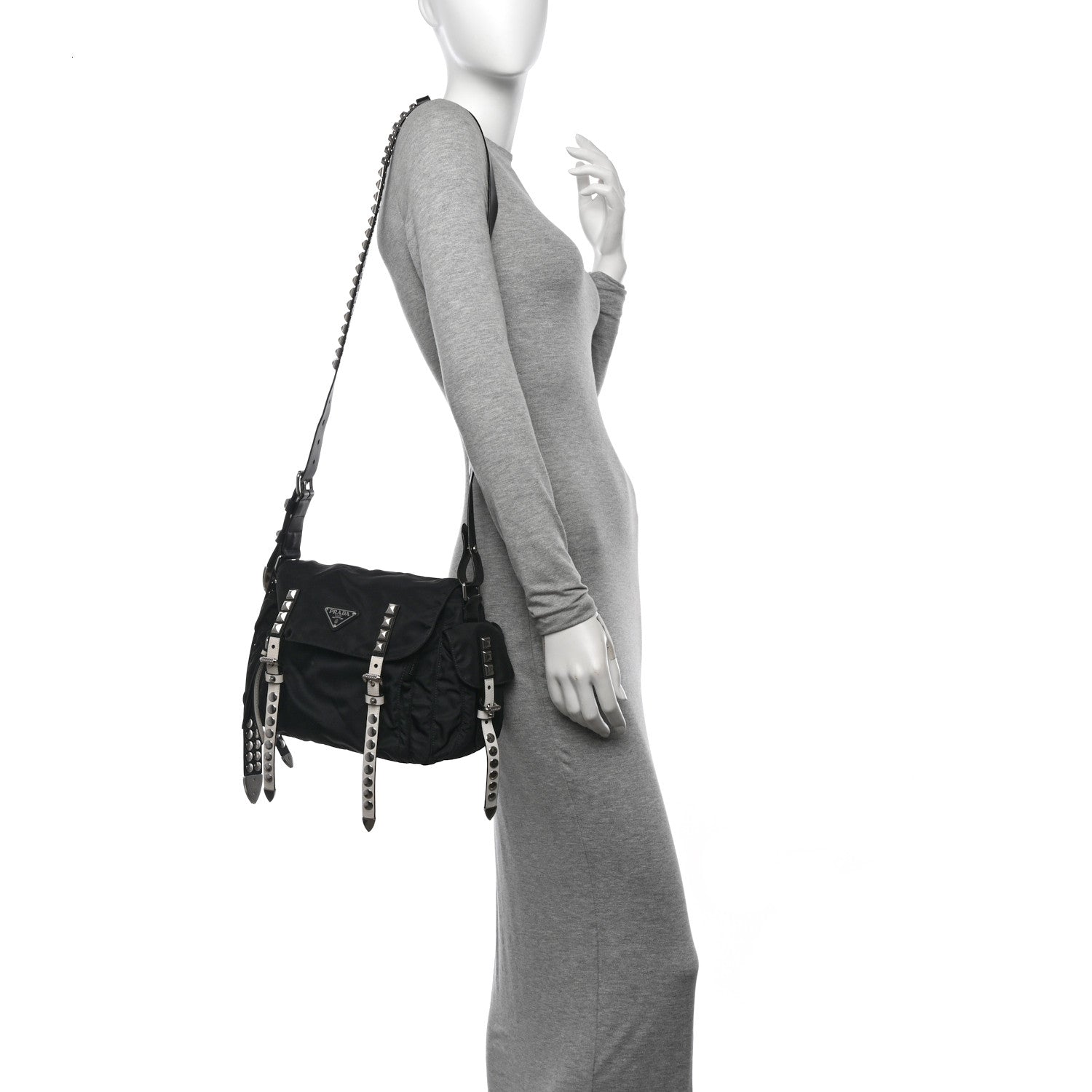 Prada Nylon New Vela Studded Messenger Black White 2 of 15
