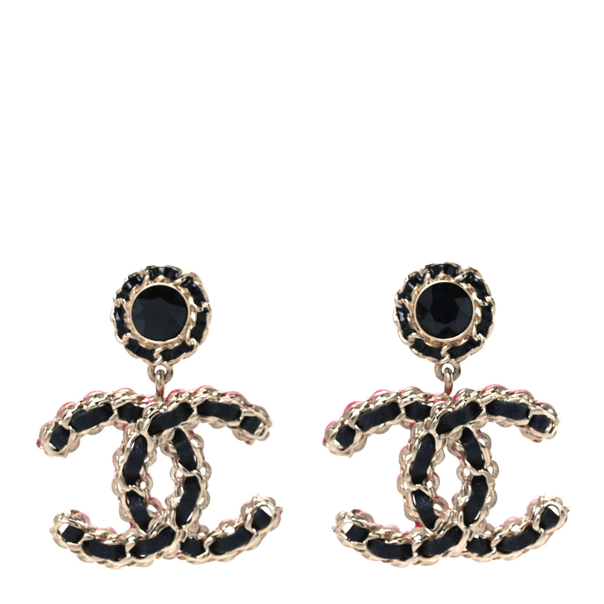 Chanel Metal Lambskin CC Chain Drop Earrings Black Gold Pink 1 of 5