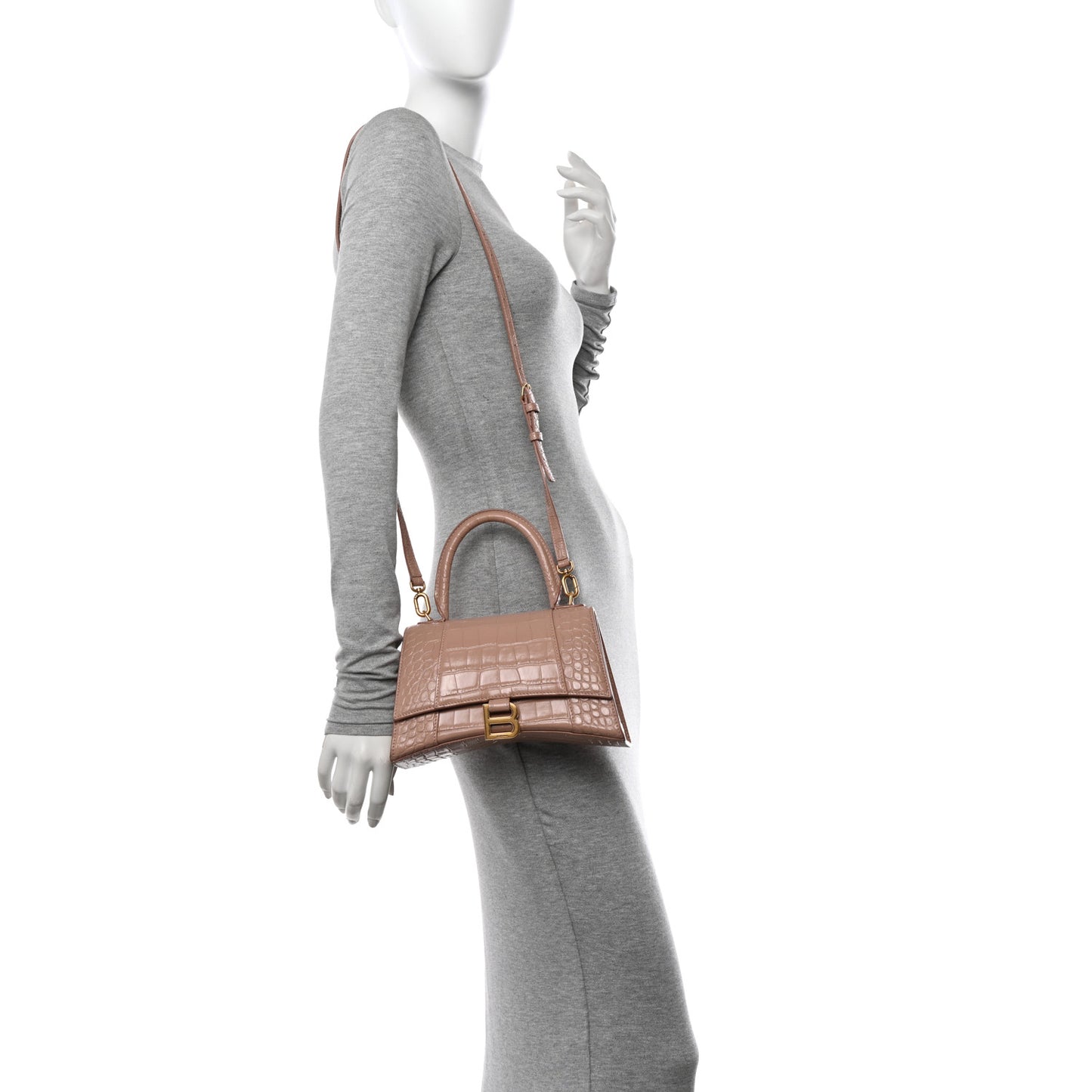 Shiny Calfskin Crocodile Embossed Small Hourglass Top Handle Bag Nude Beige