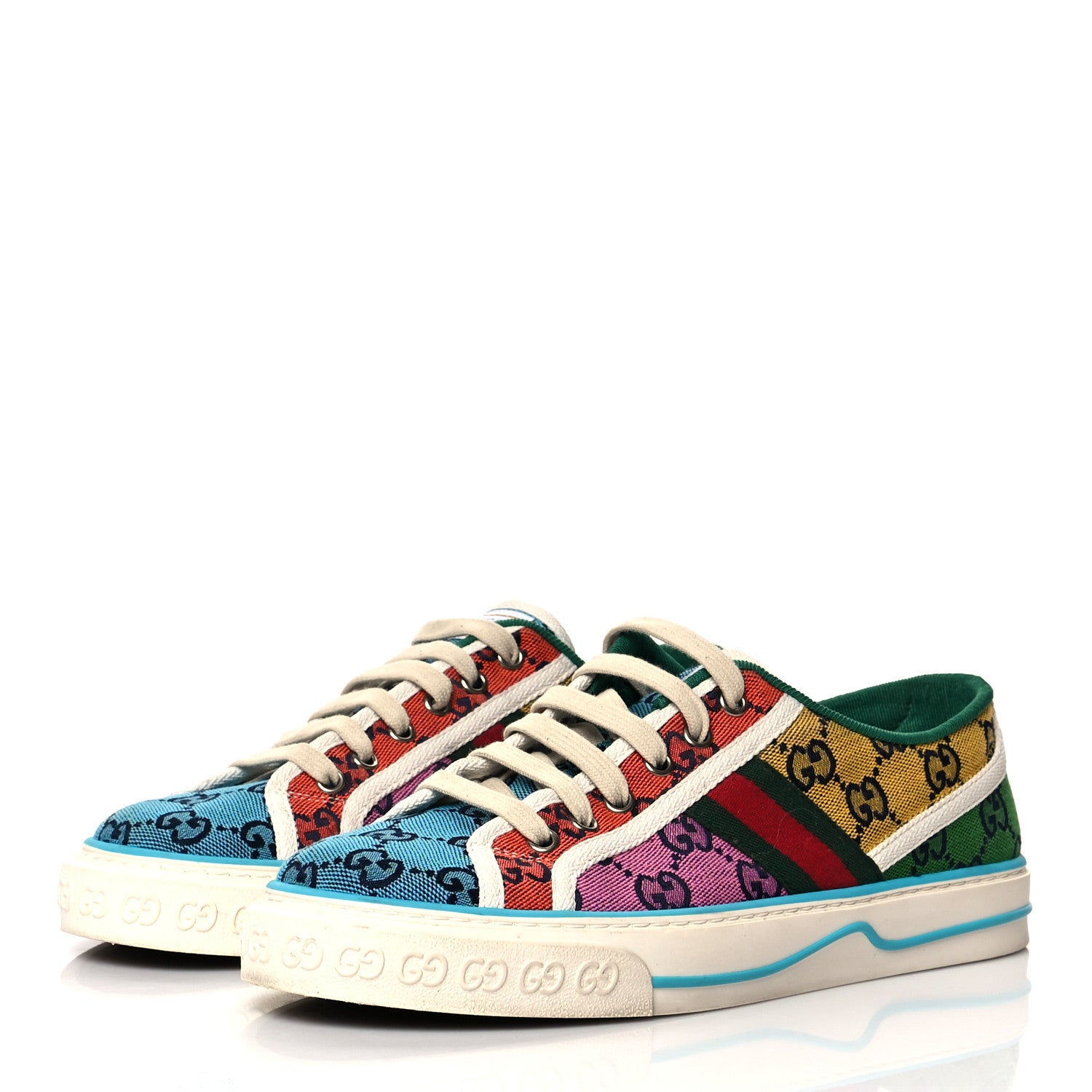 Gucci Monogram Multicolor Web Womens 1977 Tennis Sneakers 40 Light Blue Mystic White Tangerine Pink Yellow Green Red 3 of 8