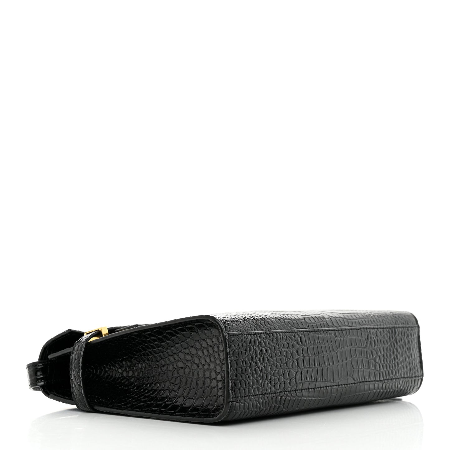 Shiny Calfskin Crocodile Embossed Manhattan Baguette Black