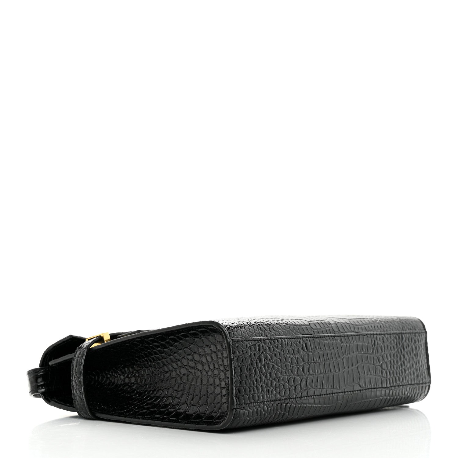 Saint Laurent Shiny Calfskin Crocodile Embossed Manhattan Baguette Black 4 of 12