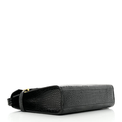 Saint Laurent Shiny Calfskin Crocodile Embossed Manhattan Baguette Black 4 of 12