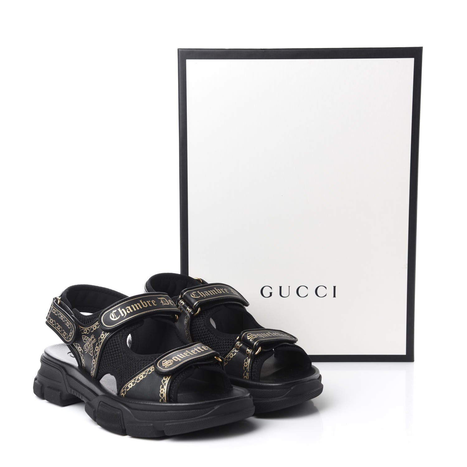 Gucci Nappa Mesh Chambre des Squelettes Mens Aguru Sandals 9 Black Gold 9 of 9