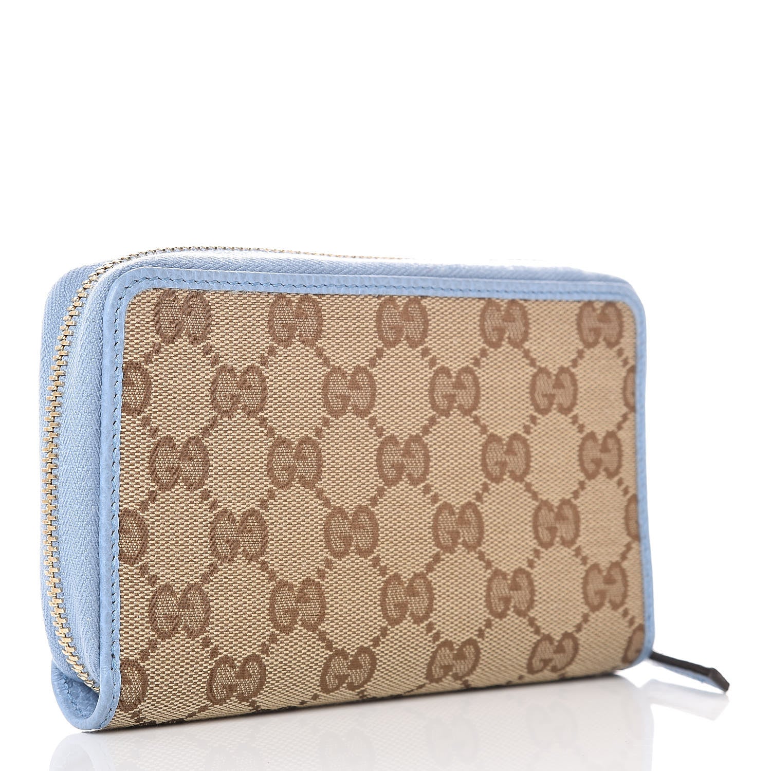 Gucci Monogram Dollar Calfskin Zip Around Compact Wallet Beige Ebony Mineral Blue 3 of 8
