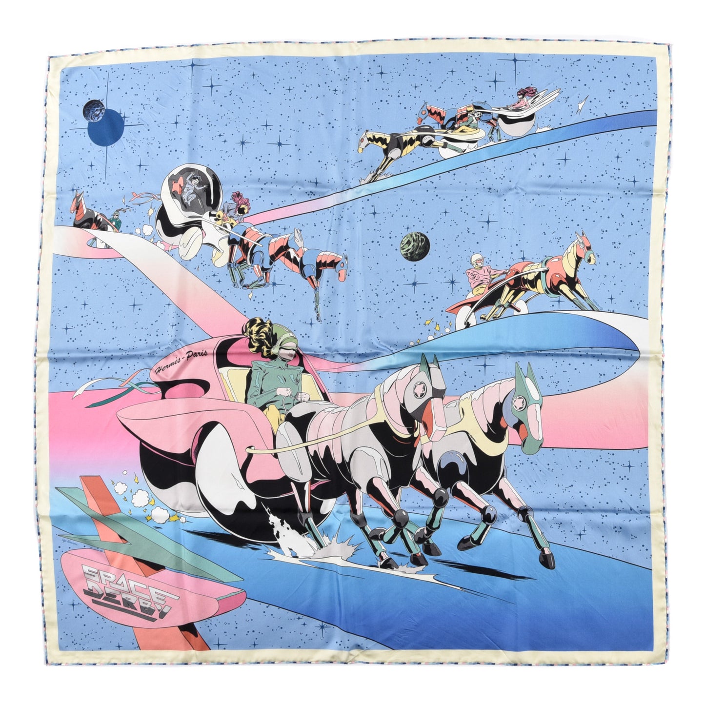 Silk Space Derby Scarf 90 Bleu Ciel Rose Vert Amande
