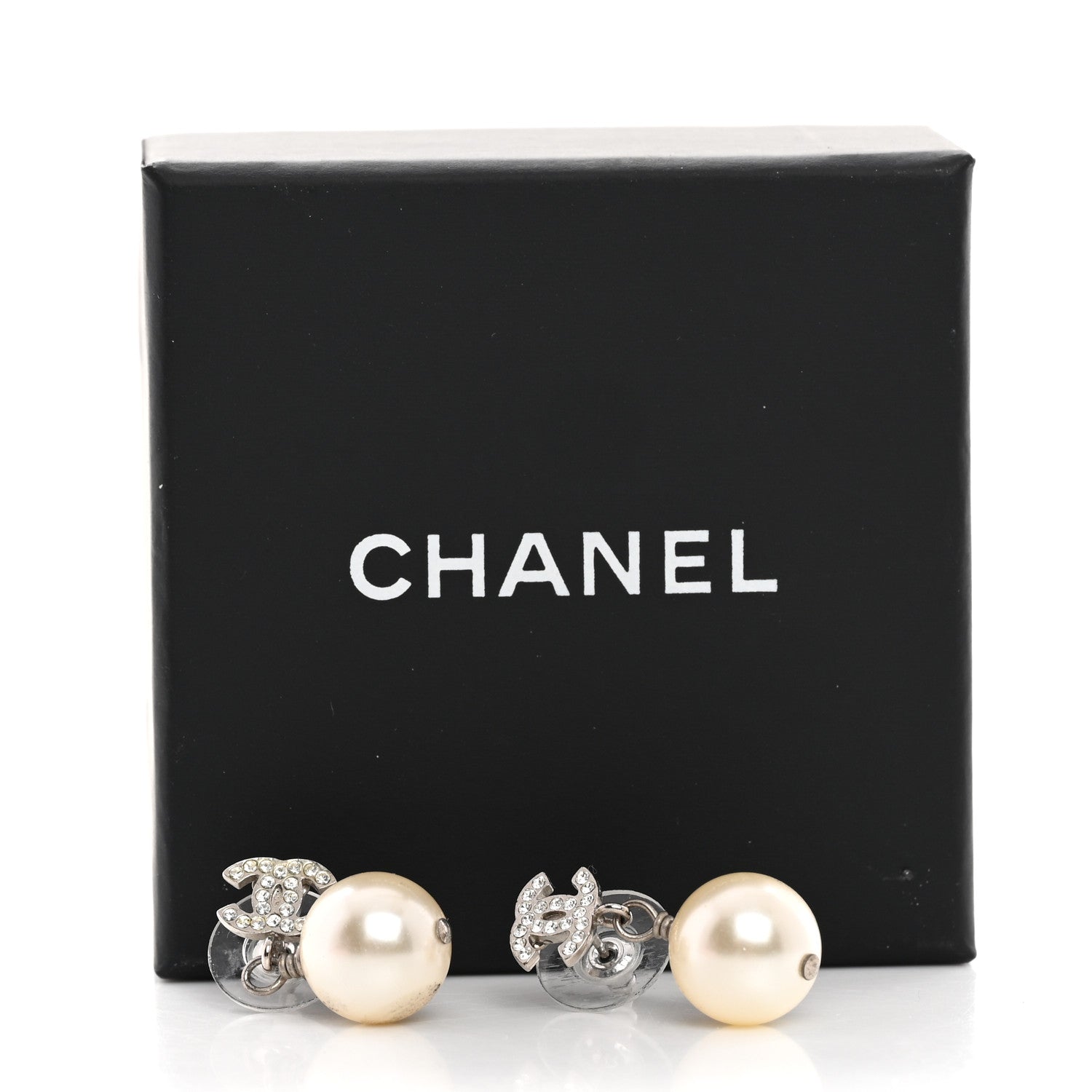 Chanel Crystal Pearl CC Drop Earrings Silver Pearly White 6 of 6