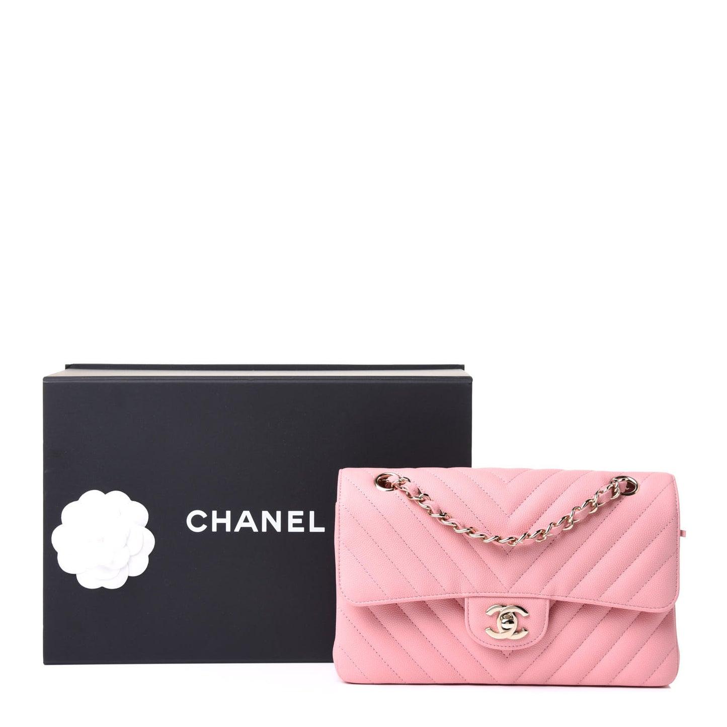 Caviar Chevron Quilted Small Double Flap Pink