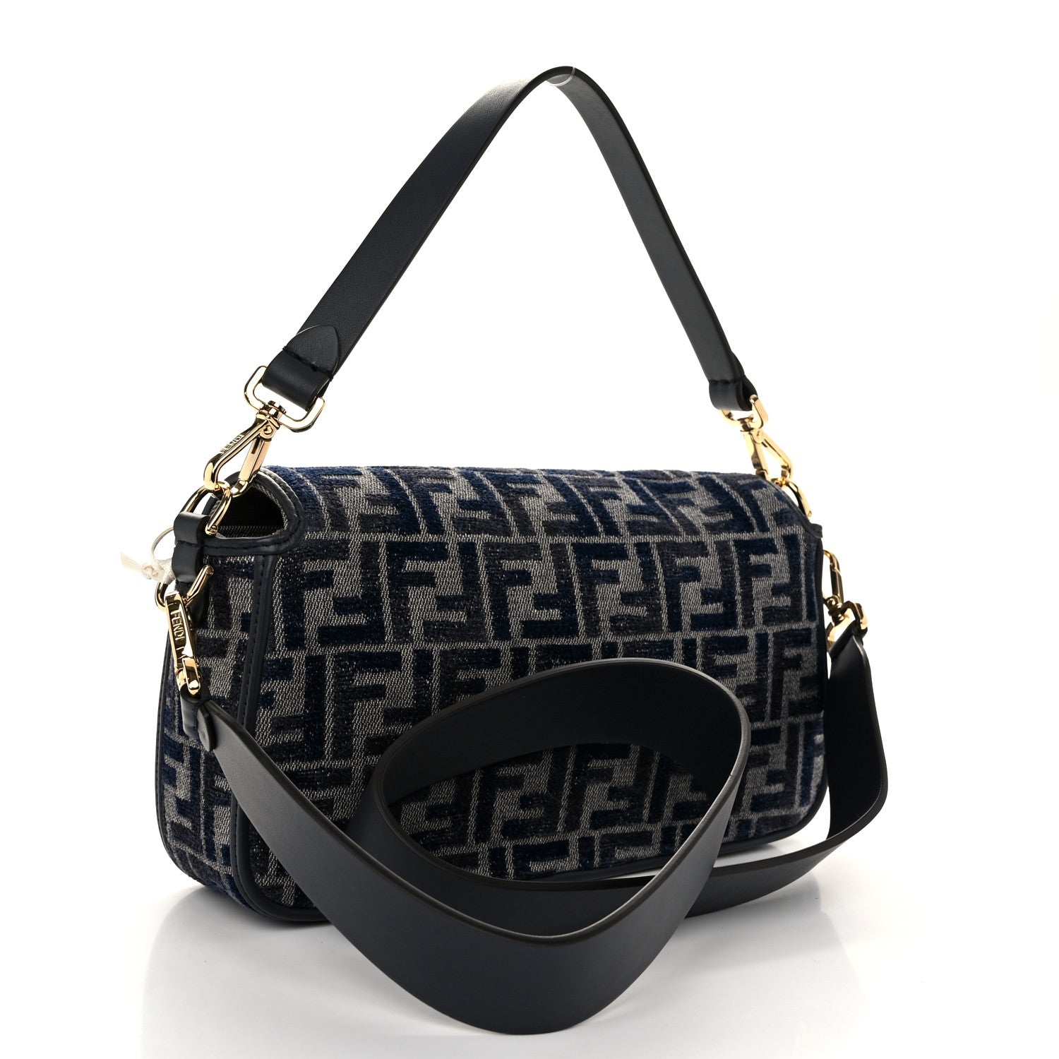 Fendi Chenille FF Embroidered Baguette Dark Blue Grey 3 of 9