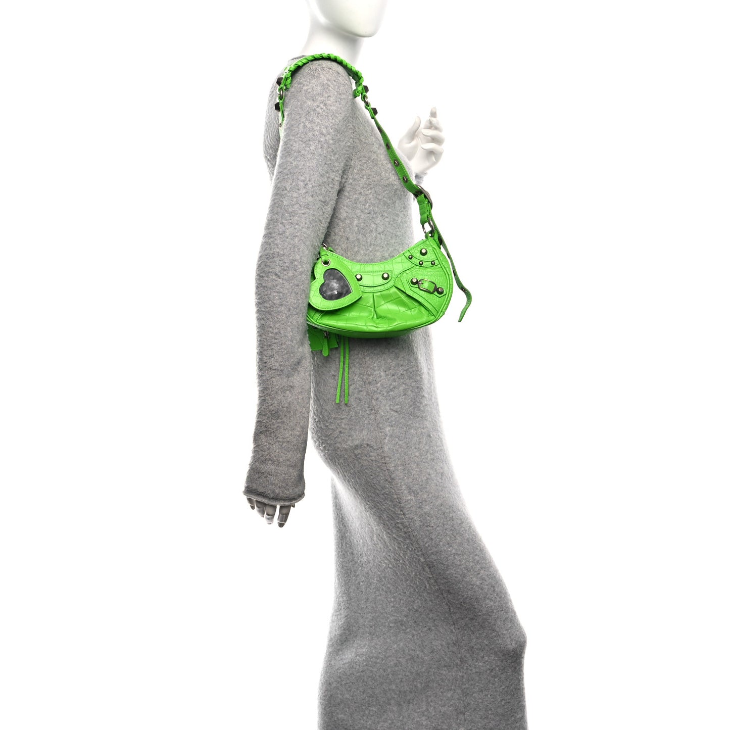 Extra Supple Calfskin Crocodile Embossed Le Cagole Shoulder Bag XS Acid Green