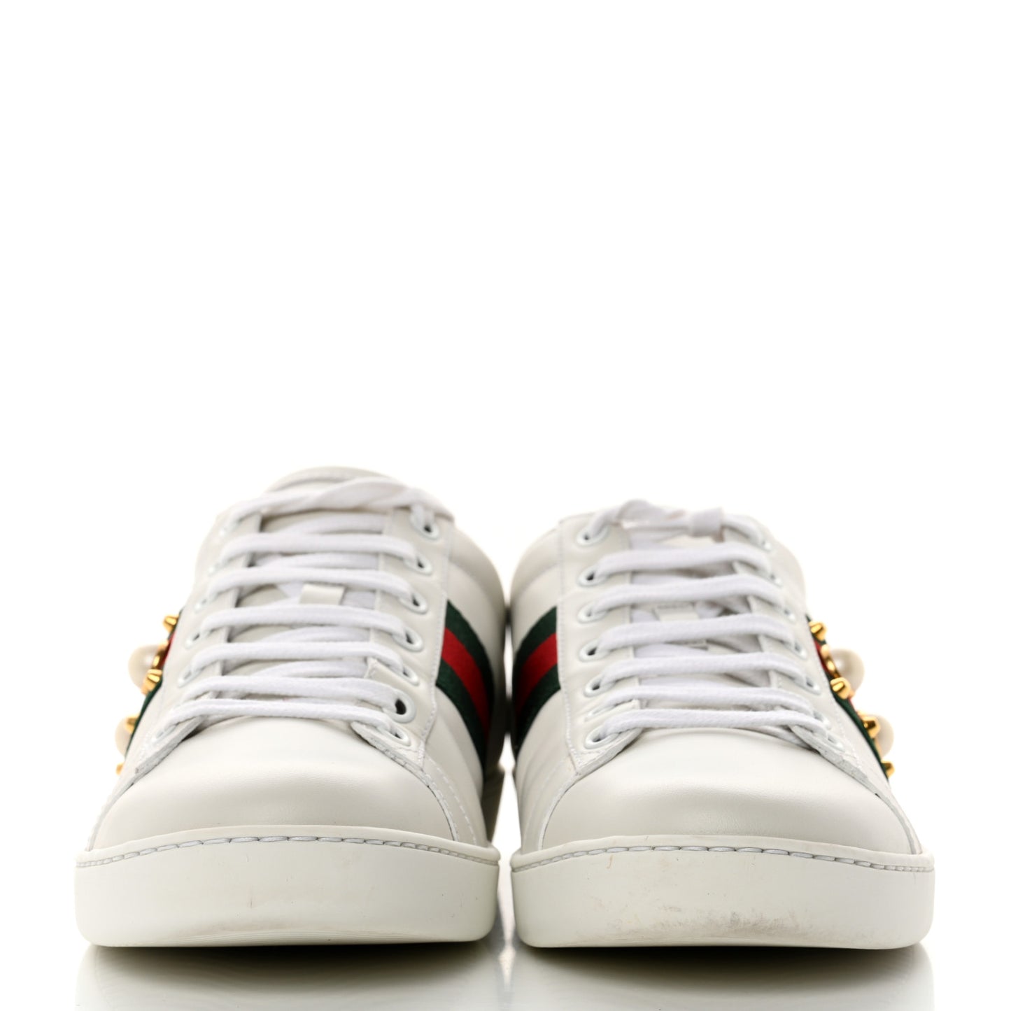 Calfskin Web Pearl Studded Womens Ace Sneakers 39.5 White