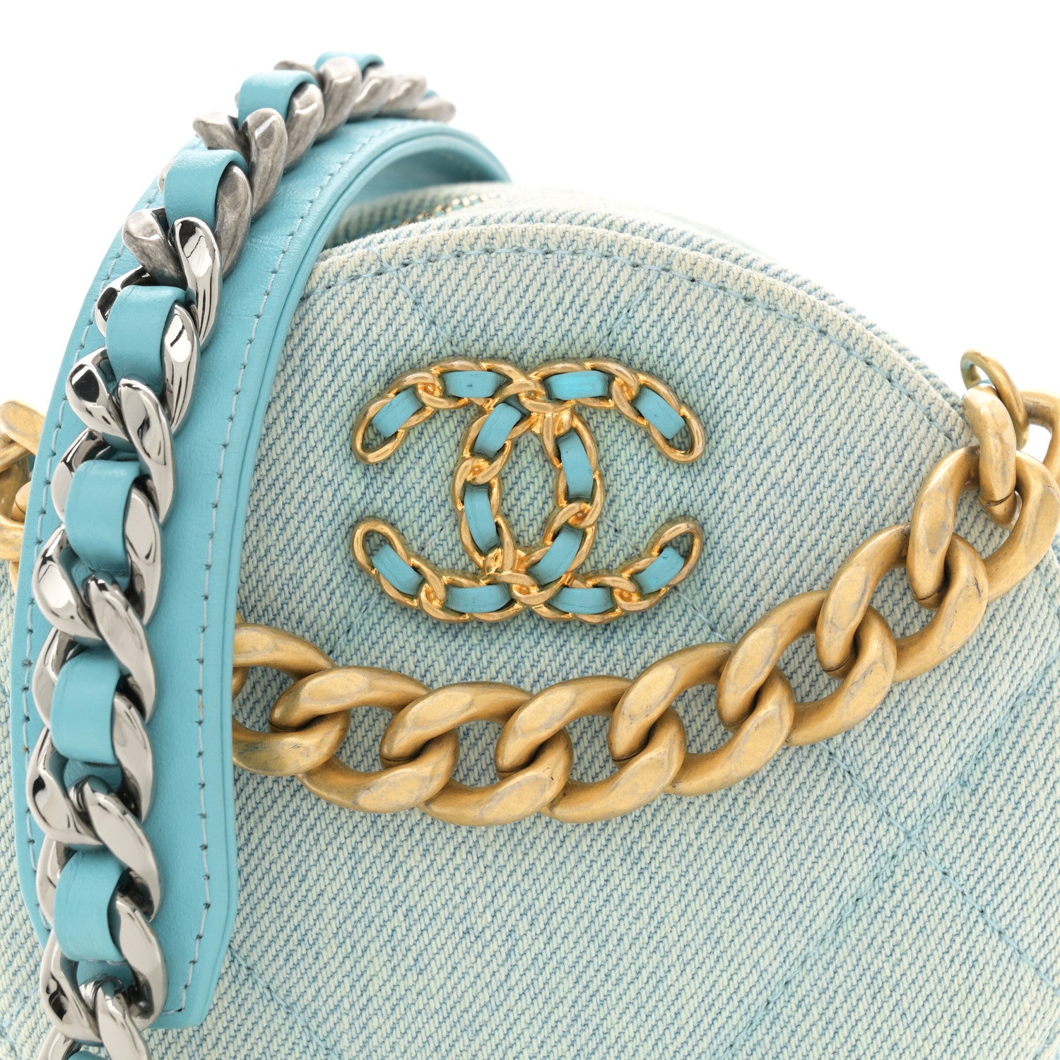 Chanel Denim Quilted Chanel 19 Round Clutch With Chain Neon Blue 8 of 12