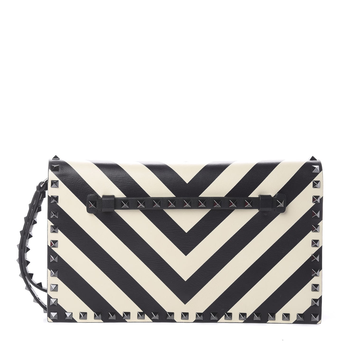 Nappa Chevron Striped Rockstud Wristlet Clutch Light Ivory Black