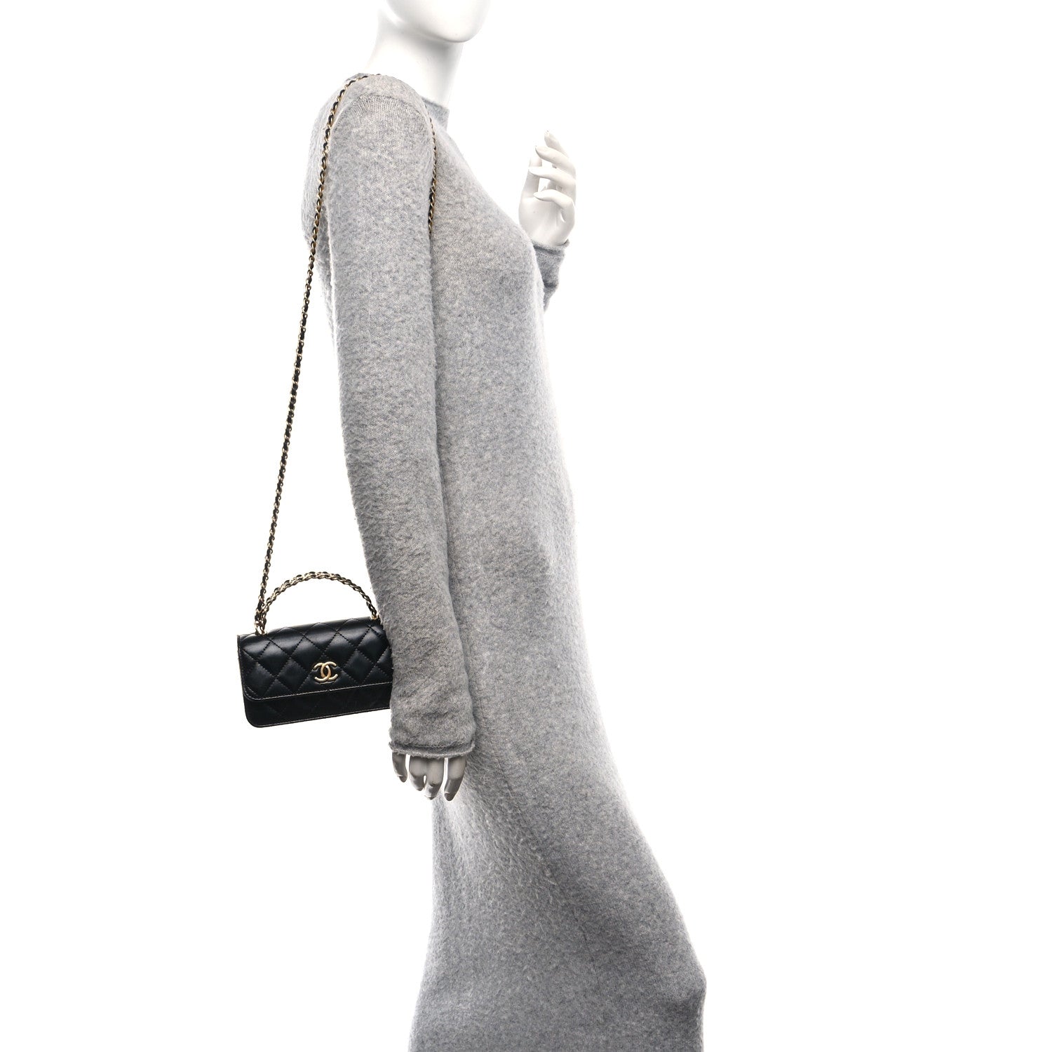 Chanel Shiny Calfskin Quilted Top Handle Flap Phone Holder With Chain Black 2 of 10