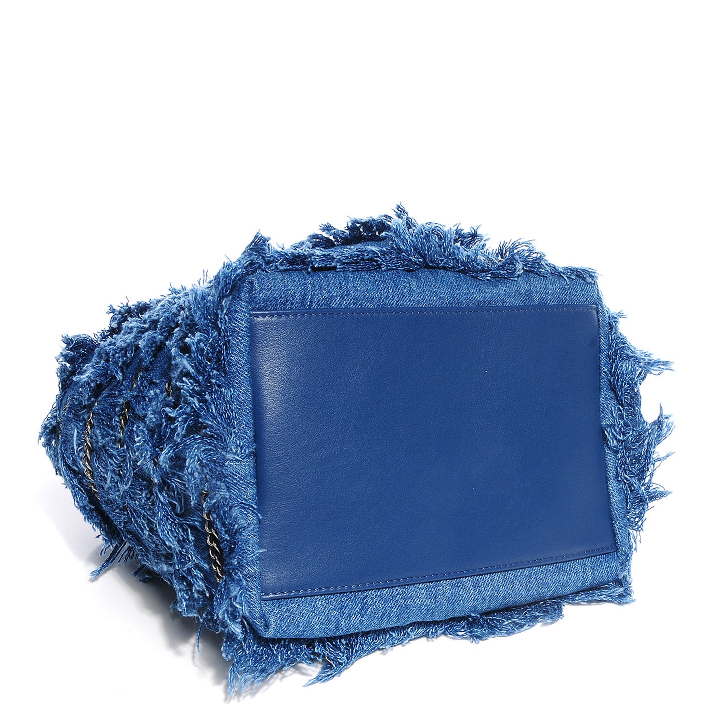 Calfskin Fringe Chains CC Denim Drawstring Bucket Bag Blue