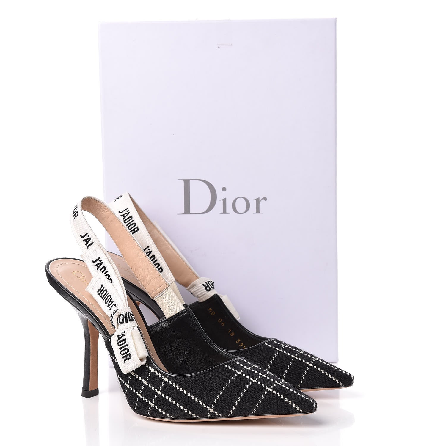 Christian Dior Fabric Ribbon Tartan Plaid J'Adoir Slingback 100mm Pumps 39.5 Black White 14 of 14