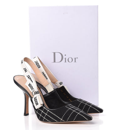 Christian Dior Fabric Ribbon Tartan Plaid J'Adoir Slingback 100mm Pumps 39.5 Black White 14 of 14
