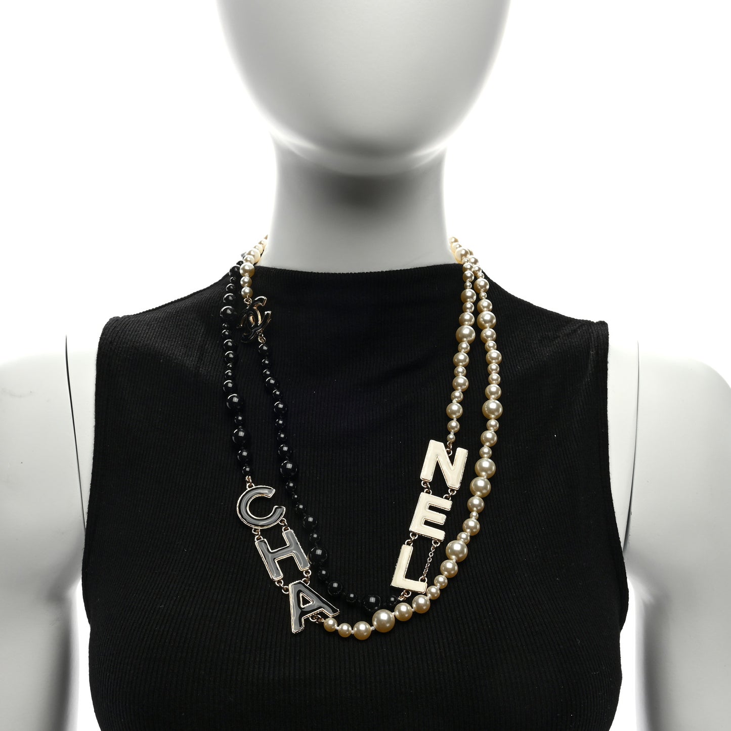 Metal Enamel Pearl Beaded Cha-Nel Logo CC Long Necklace Black White