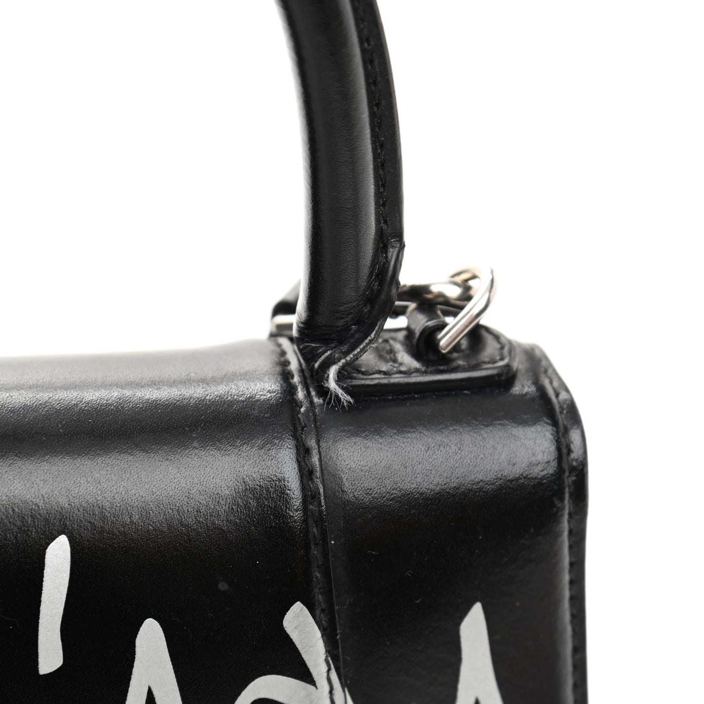 Shiny Box Calfskin Graffiti Logo Small Hourglass Top Handle Bag Black Silver