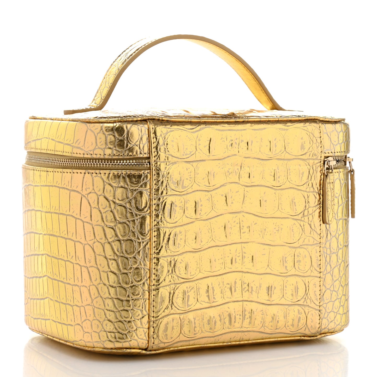 Metallic Calfskin Crocodile Embossed Cocodile Top Handle Vanity Gold