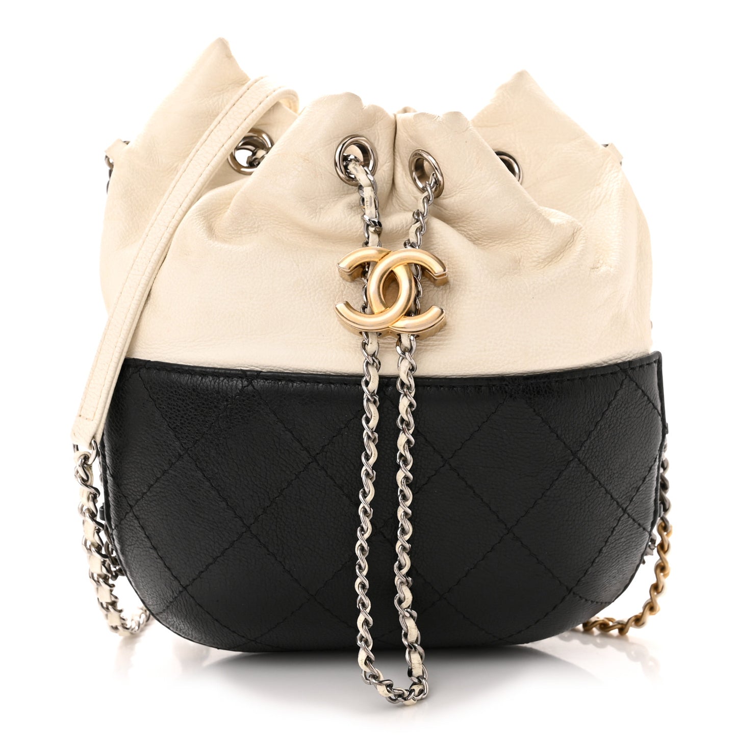 Aged Calfskin Quilted Small Gabrielle Bucket White Black