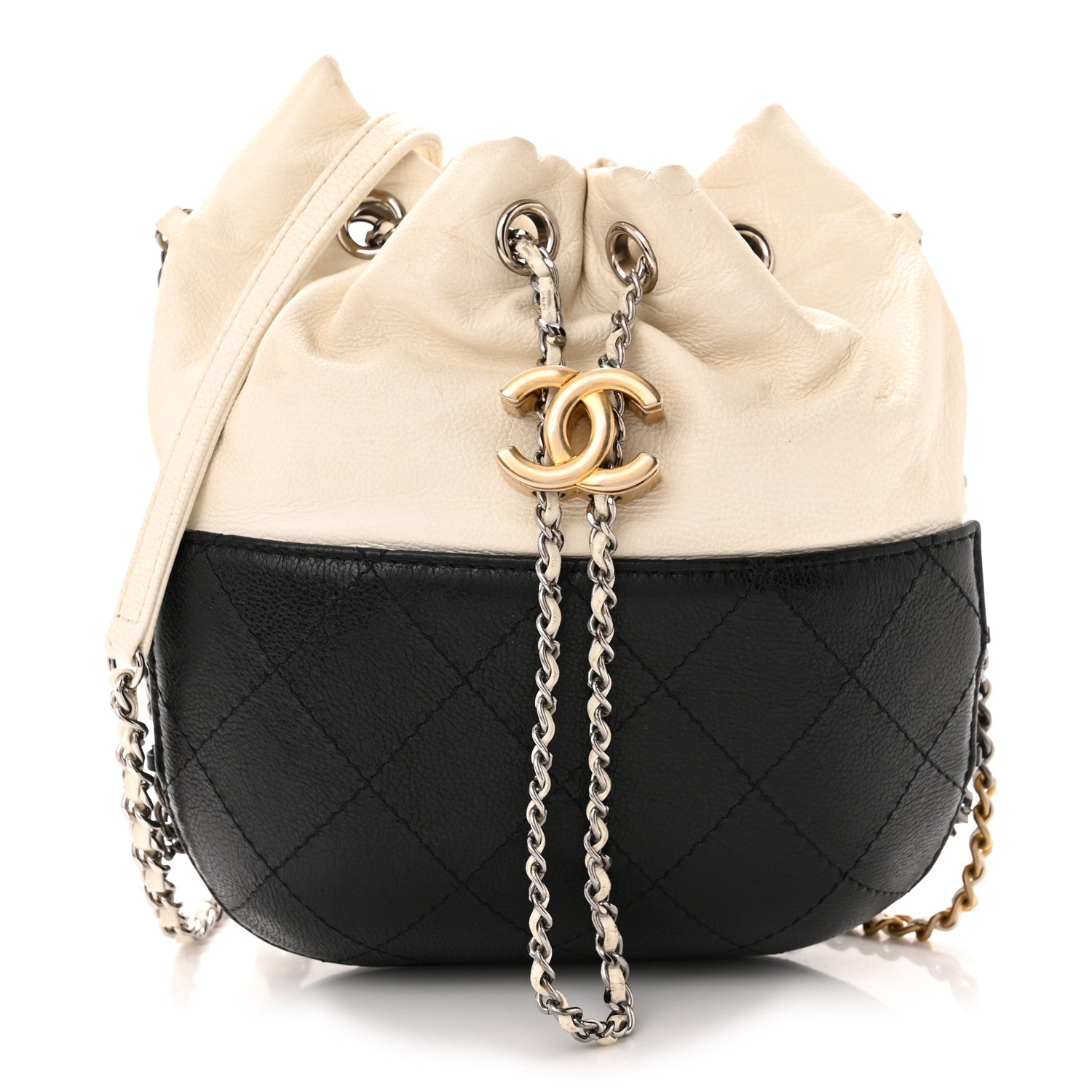 Chanel Aged Calfskin Quilted Small Gabrielle Bucket White Black 1 of 12