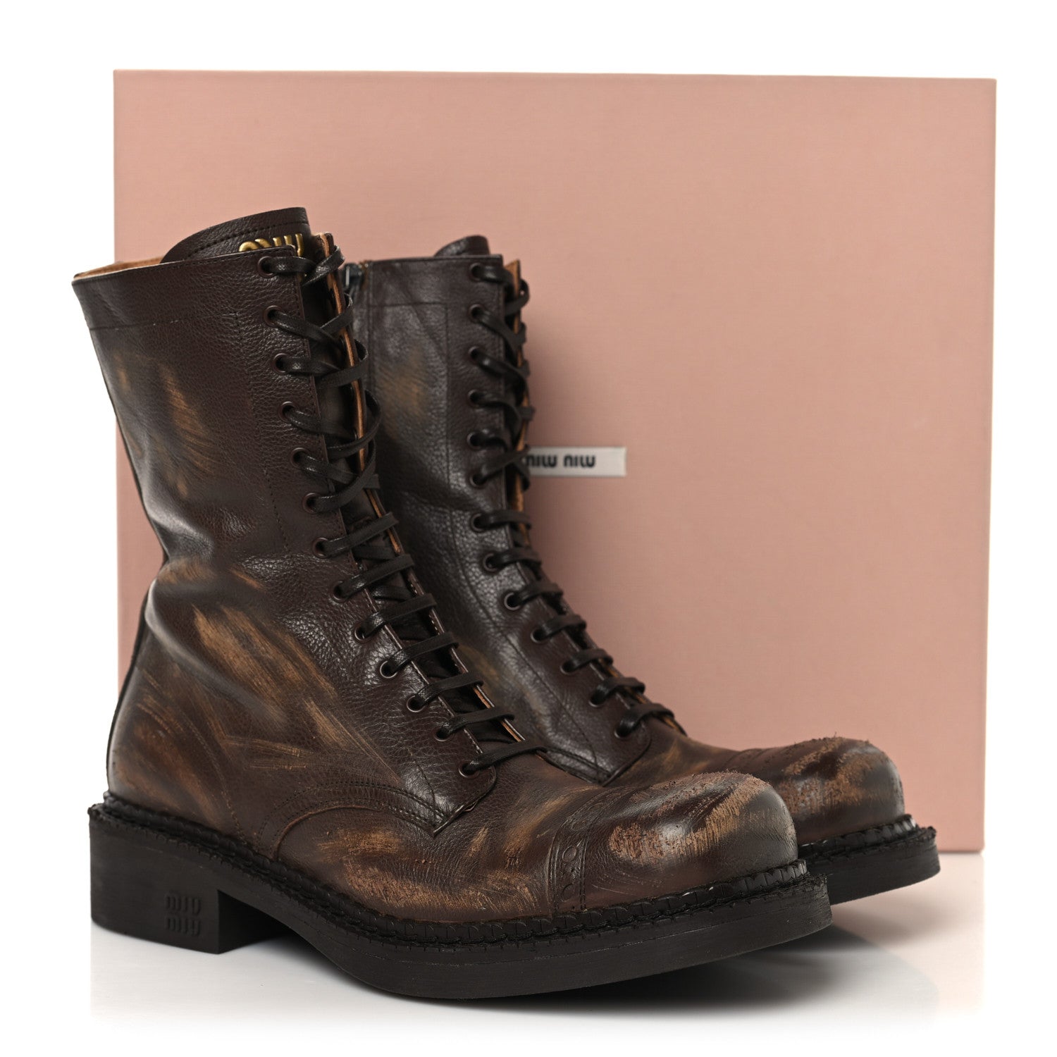 Miu Miu Antic Calfskin Laced Booties 40 Cacao 9 of 9