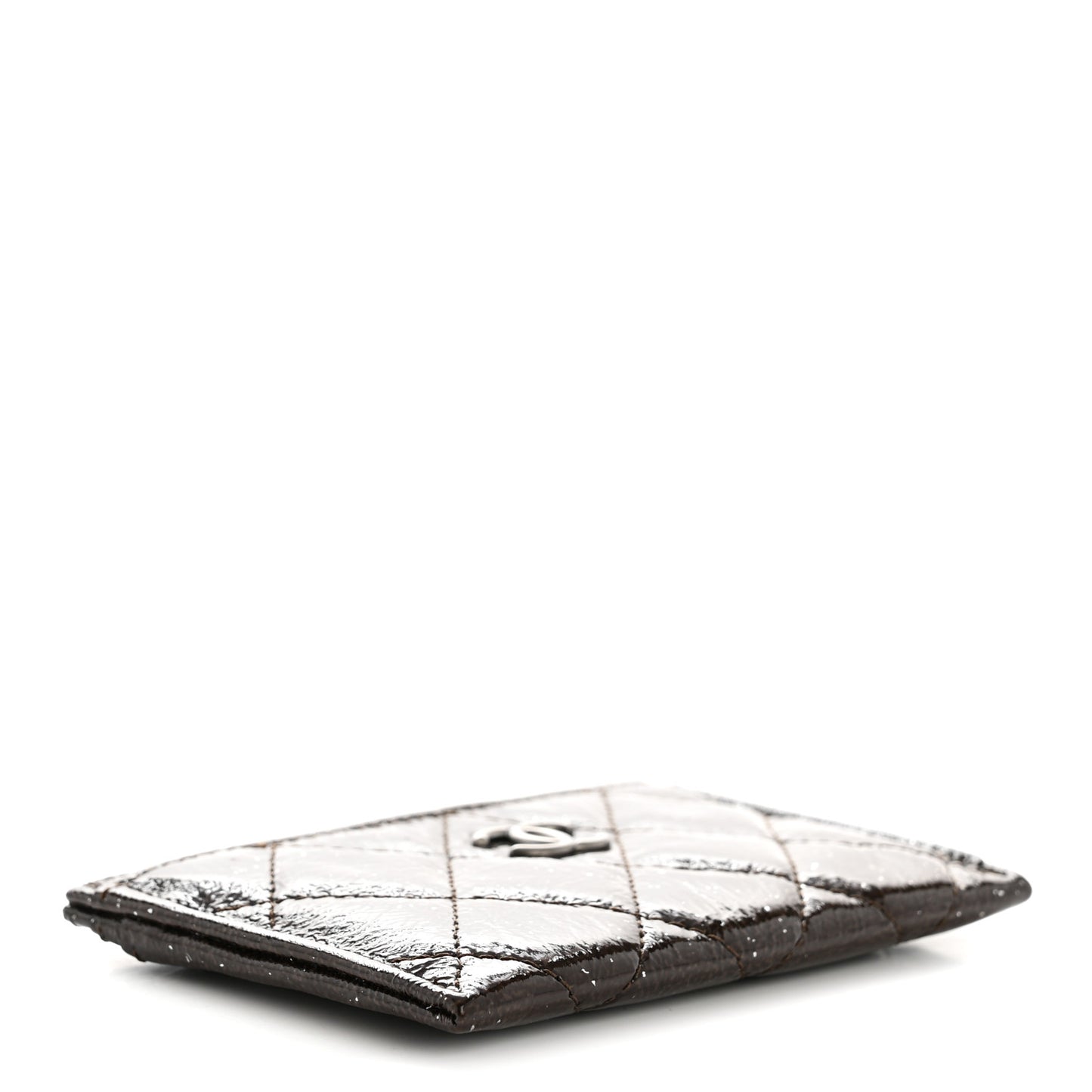 Distressed Patent Quilted Card Holder Dark Brown
