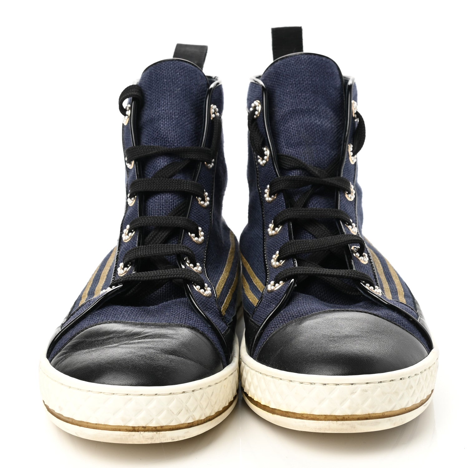 Chanel Fabric Lambskin Lace Up Cap Toe Sneakers 42 Navy Black 2 of 10
