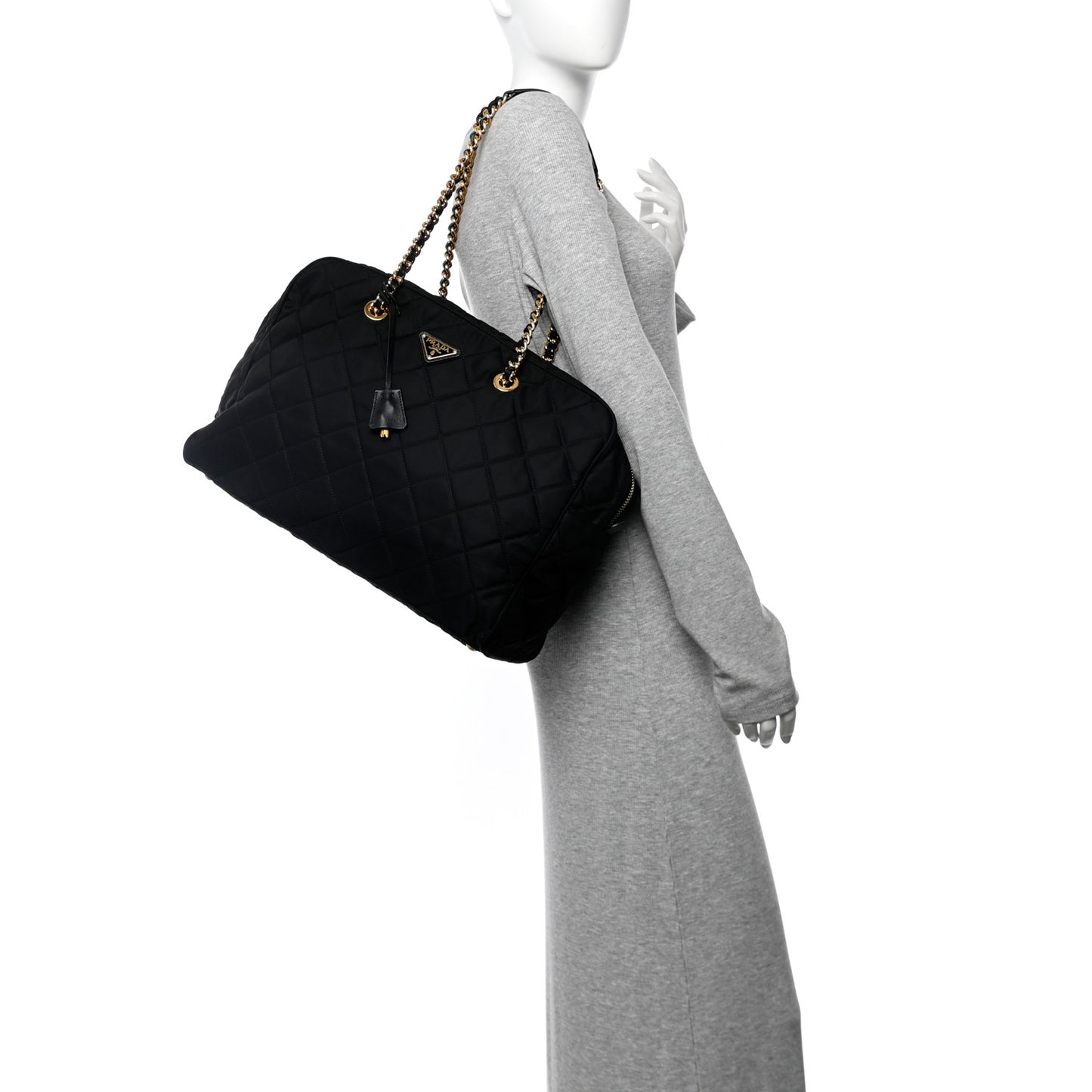 Nylon Tessuto Impuntu Quilted Large Shoulder Bag Black