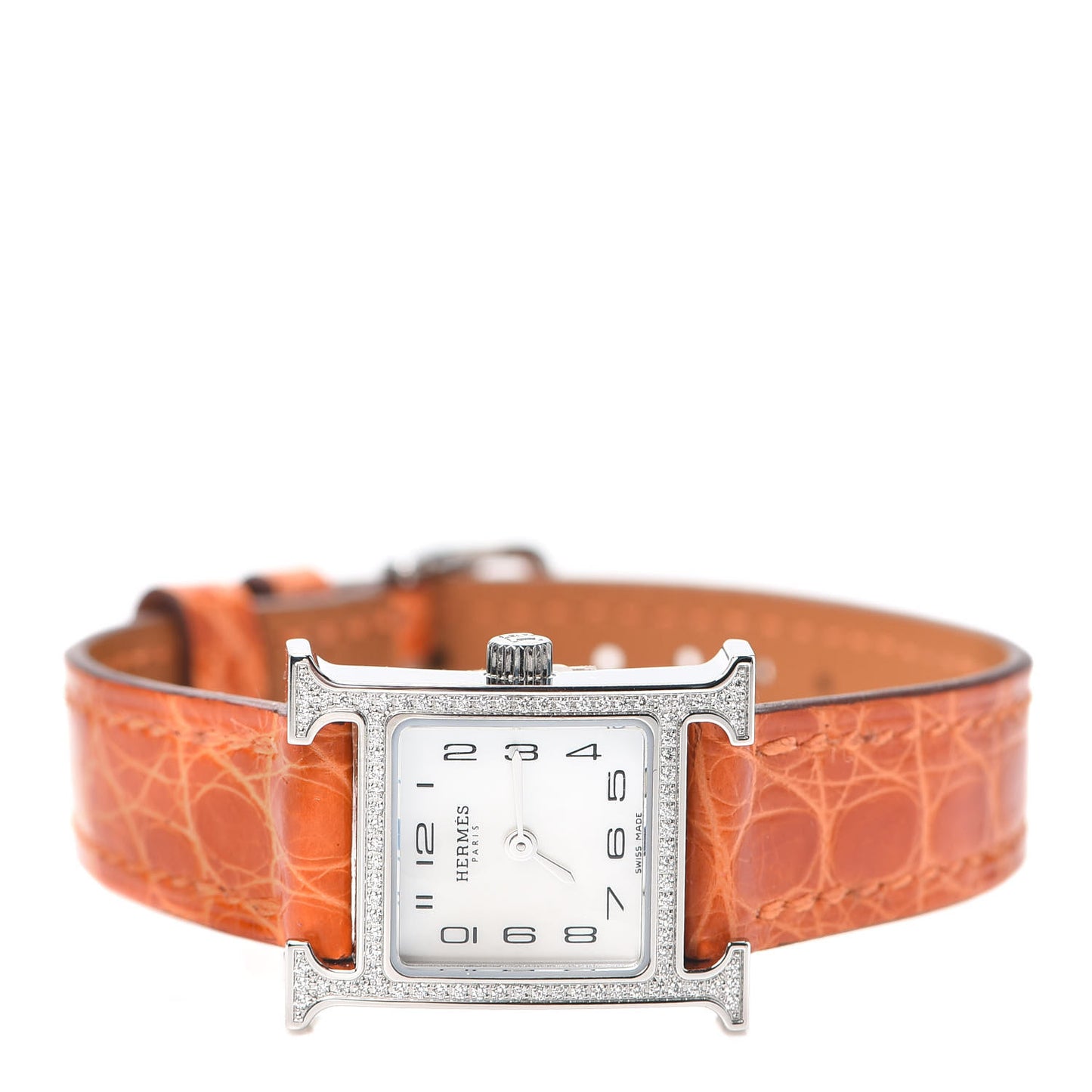 Stainless Steel Alligator Diamond Bezel Mother of Pearl 17.2mm Heure H Hour Quartz Watch Orange