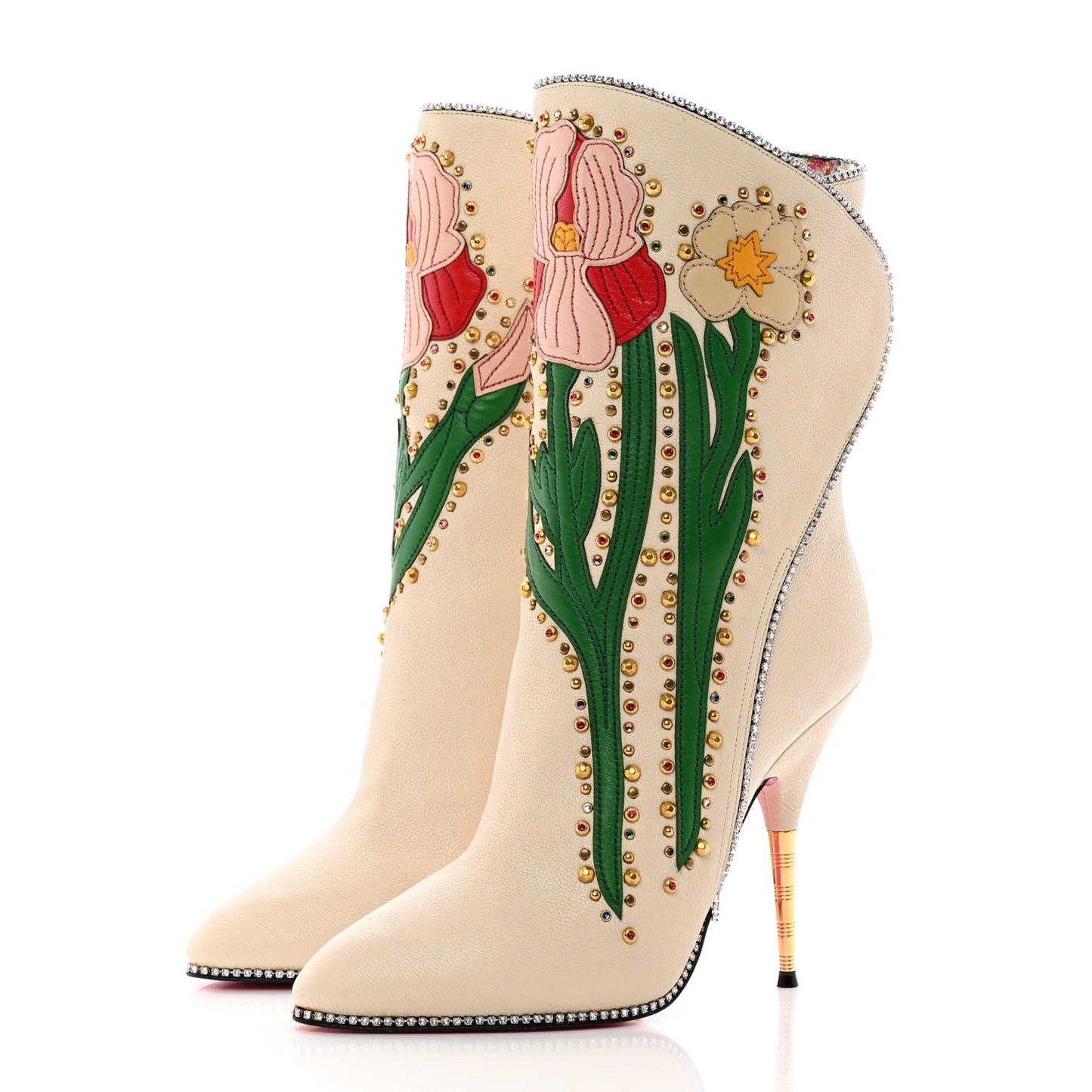 Calfskin Floral Crystal Embroidered Fosca Boots 38 Mystic White