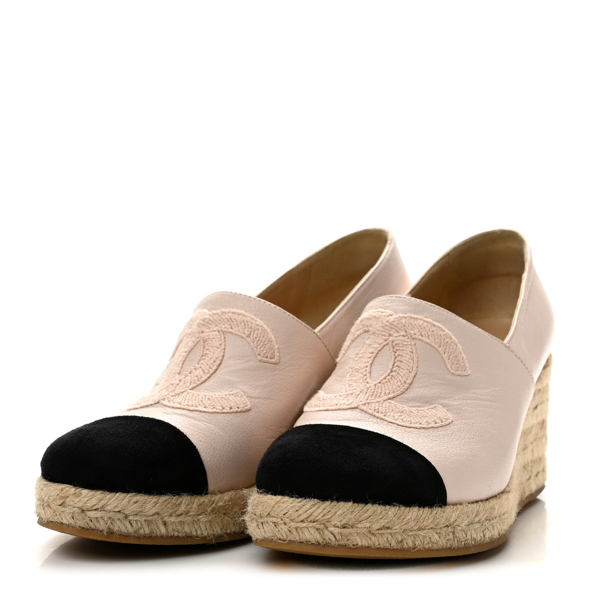 Chanel Lambskin Suede CC Espadrille Wedges 38 Beige Black 4 of 9