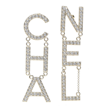 Chanel Crystal Cha-Nel Logo Drop Earrings Gold 1 of 5
