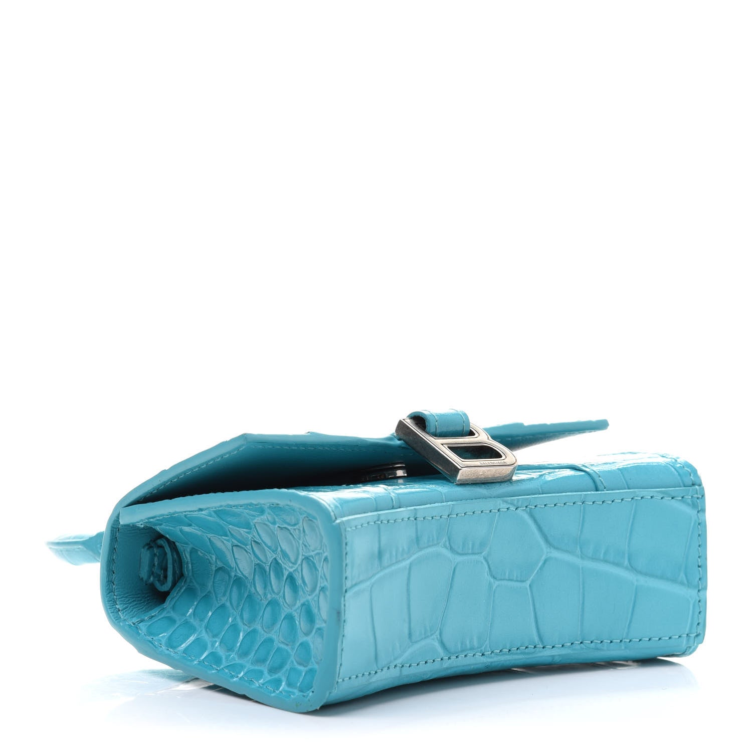 Balenciaga Shiny Calfskin Crocodile Embossed Hourglass Top Handle Bag Mini Turquoise 3 of 14