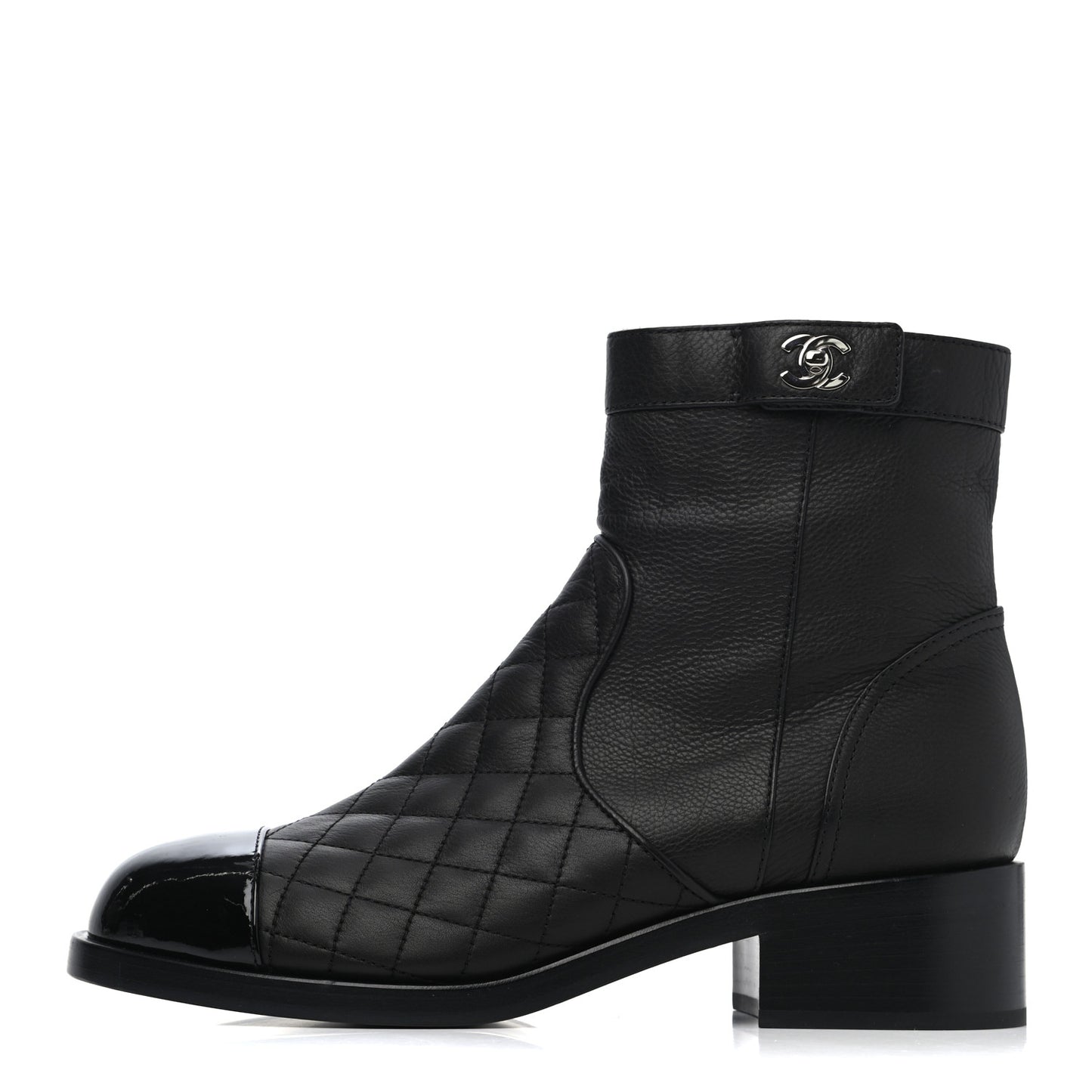 Calfskin Patent Quilted Cap Toe Short Boots 41.5 Black