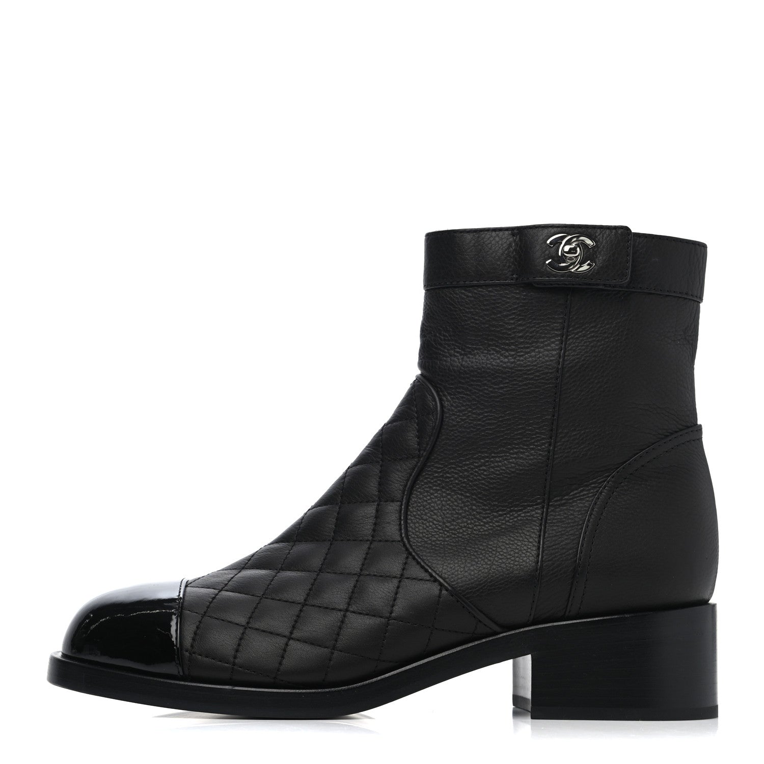 Chanel Calfskin Patent Quilted Cap Toe Short Boots 41.5 Black 1 of 4