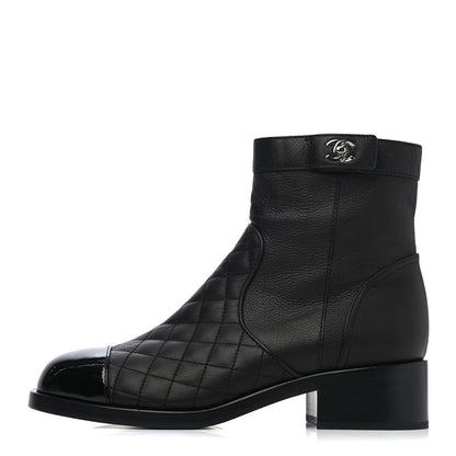 Chanel Calfskin Patent Quilted Cap Toe Short Boots 41.5 Black 1 of 4