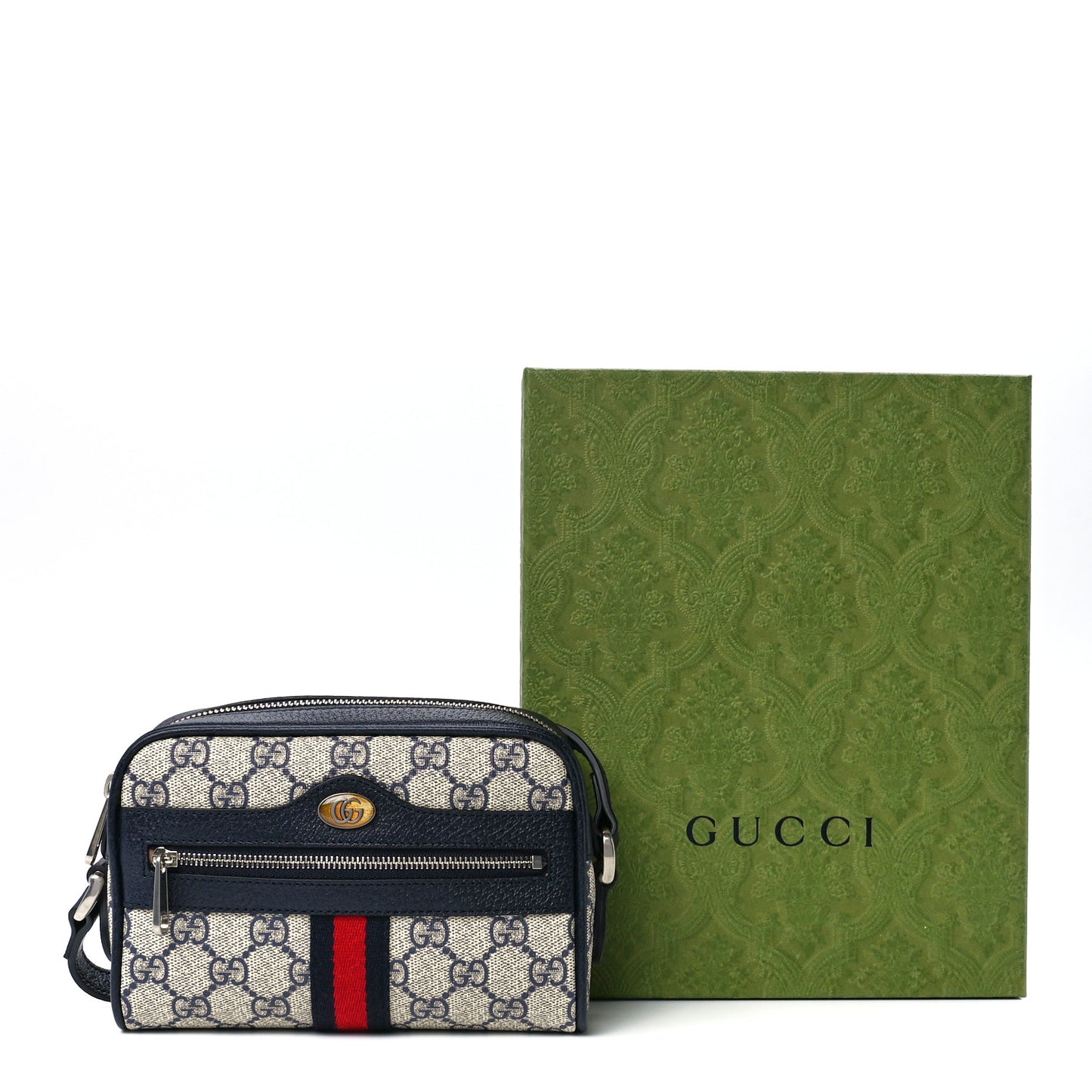 GG Supreme Monogram Textured Dollar Calfskin Web Mini Ophidia Shoulder Bag Beige Blue