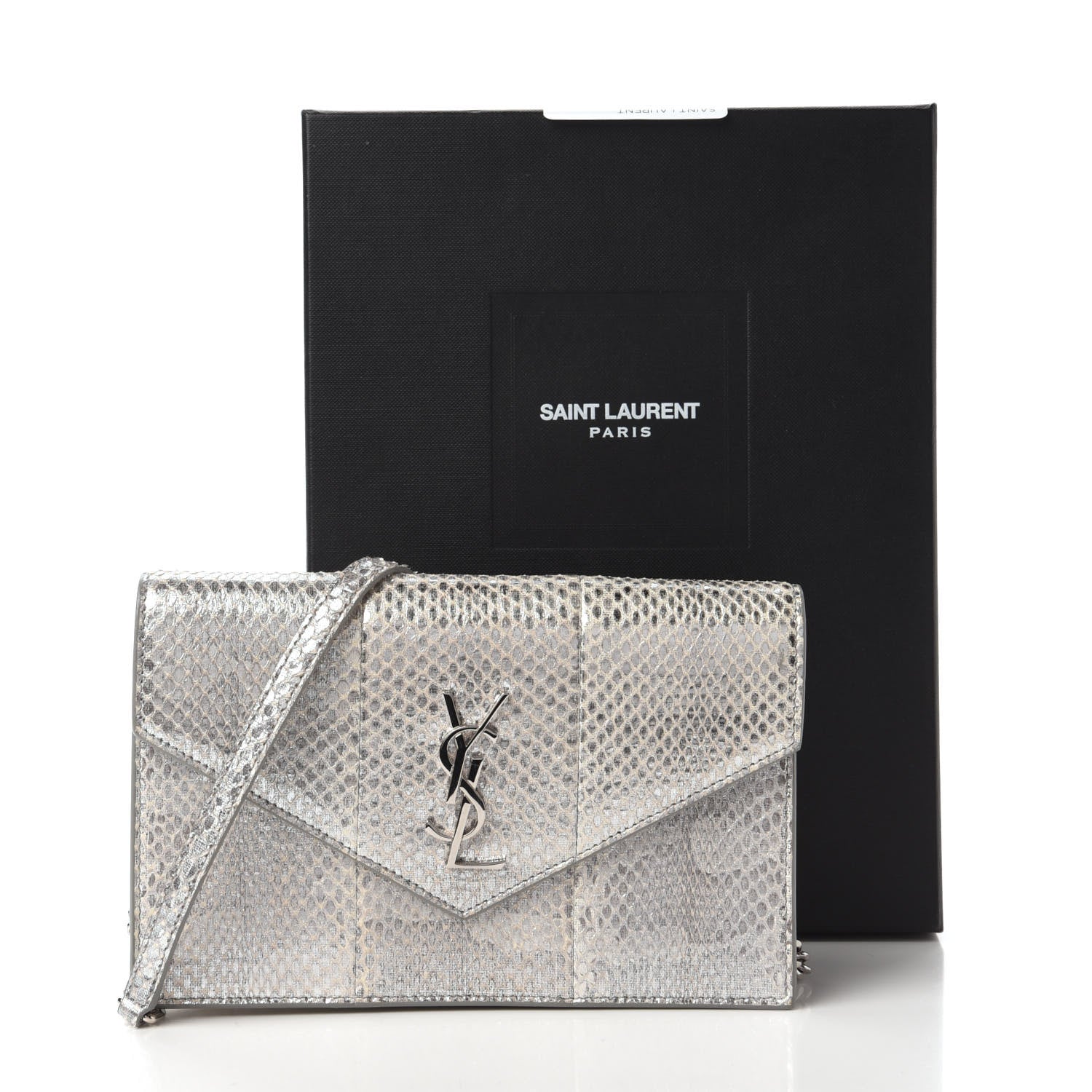 Saint Laurent Ayers Snakeskin Monogram Envelope Chain Wallet Silver Black 11 of 11