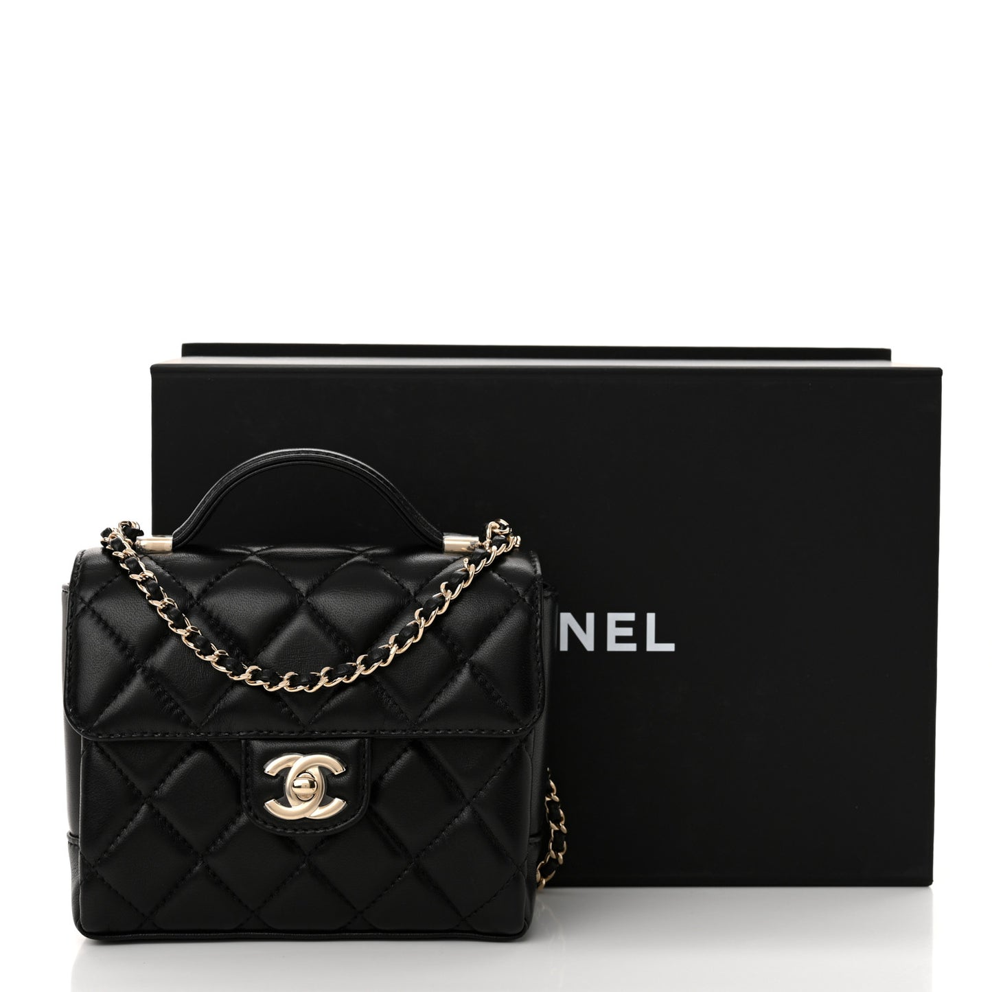 Lambskin Quilted Mini Top Handle Square Flap Black