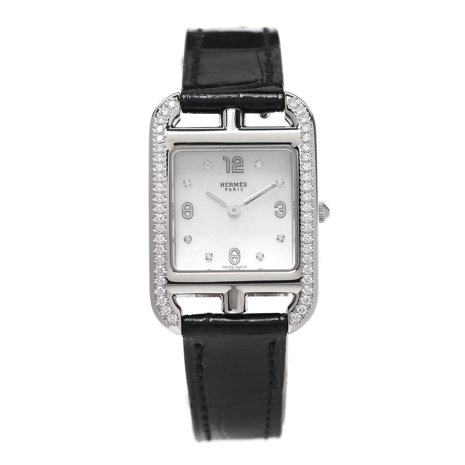 Hermes Stainless Steel Alligator Diamond Bezel Mother of Pearl 23mm Cape Cod Quartz Watch Noir 1 of 5