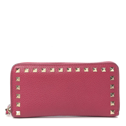 Valentino Garavani Pebbled Calfskin Rockstud Zip Around Wallet Raspberry 1 of 6