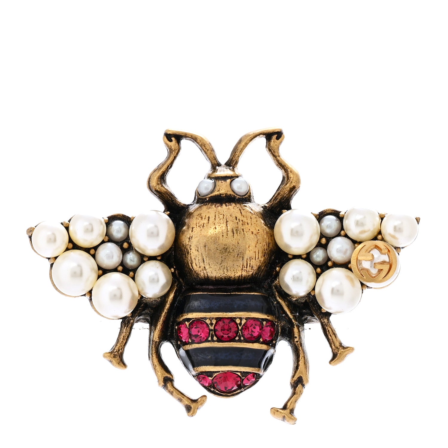 Gucci Metal Crystal Pearl Bee Ring M Aged Gold 1 of 4