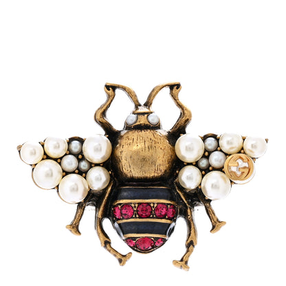 Gucci Metal Crystal Pearl Bee Ring M Aged Gold 1 of 4