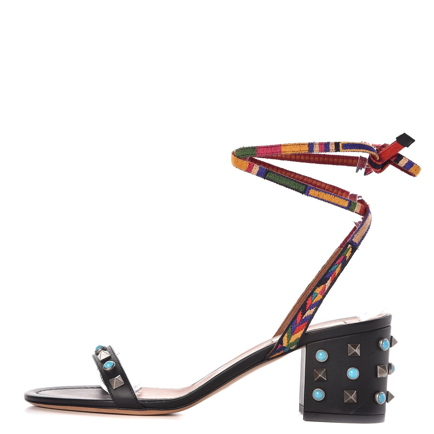 Calfskin Embroidered Rockstud Rolling Wrap Sandals 38.5 Black Multicolor