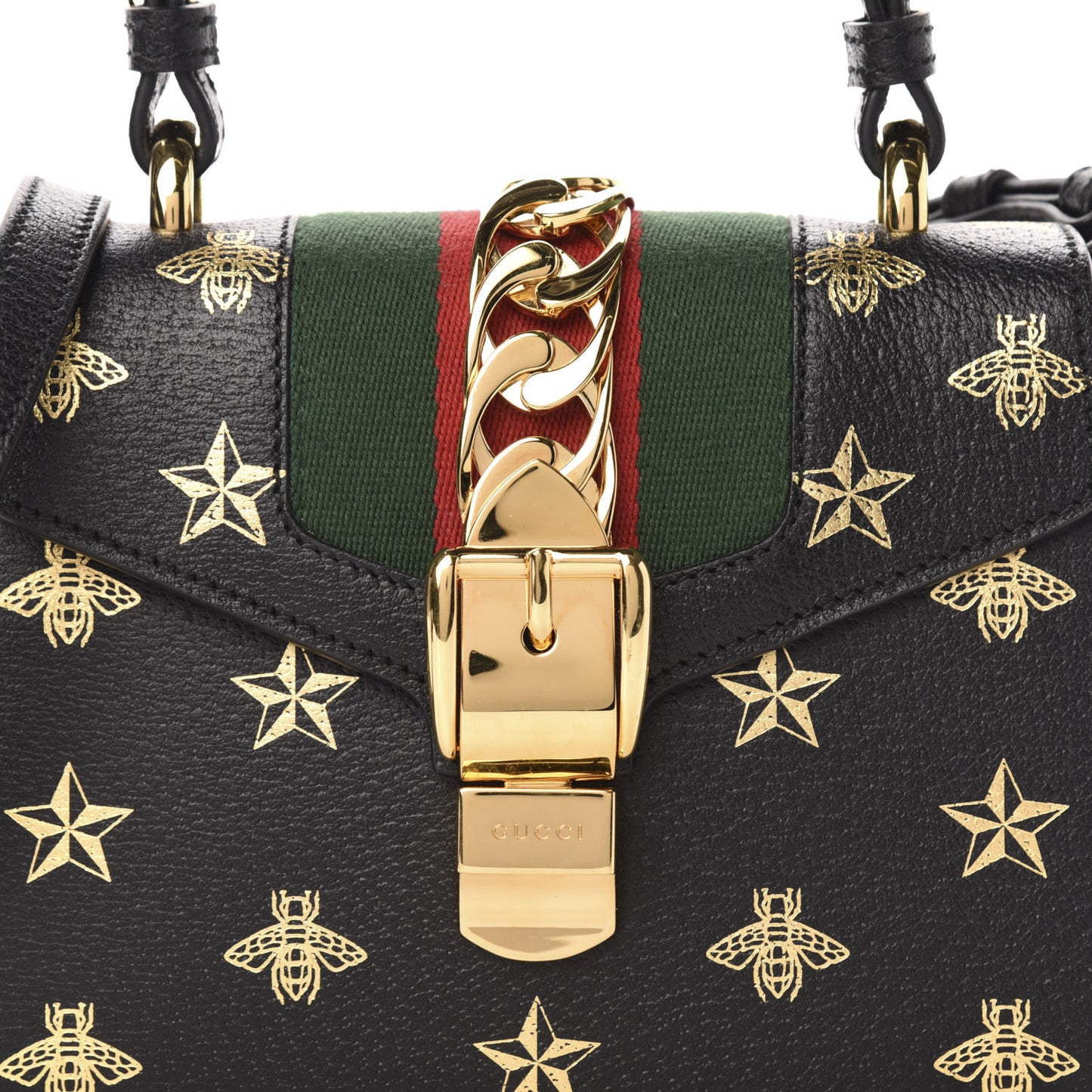 Textured Calfskin Bee Star Print Mini Sylvie Top Handle Bag Black